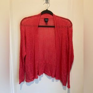 Eileen Fisher Linen Coral Pink Open Cardigan Textured Woven Long Sleeves - L